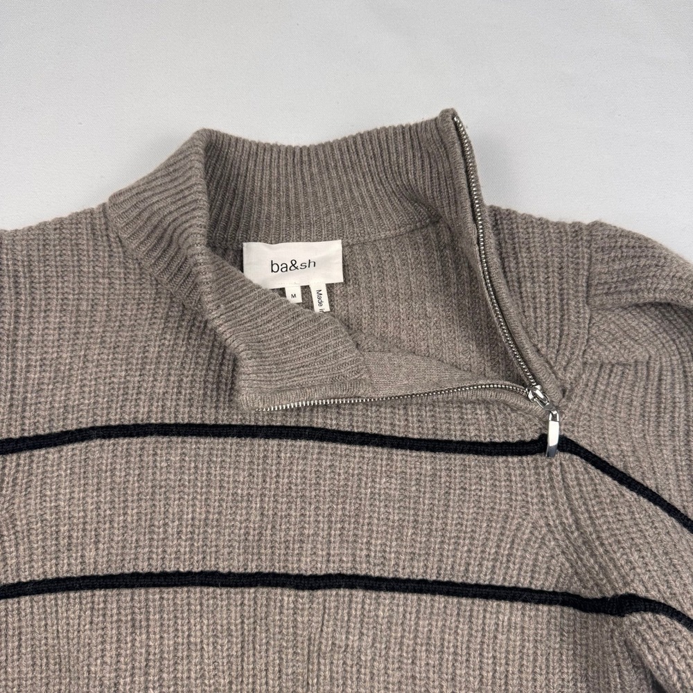 ba&sh Lady Pullover Women Size M Chamois Brown Stripe Puff Shoulder Zip Wool Yak - Picture 11 of 12
